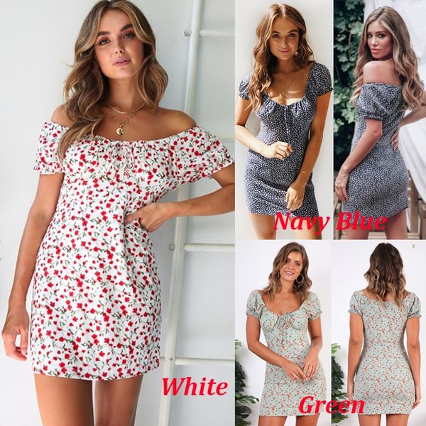 Women Fashion 5XL Off Shoulder Floral Print Polka Dot Dress Slim Boho Beach Mini Dress - Shop Trendy Women's Clothing | LoverChic