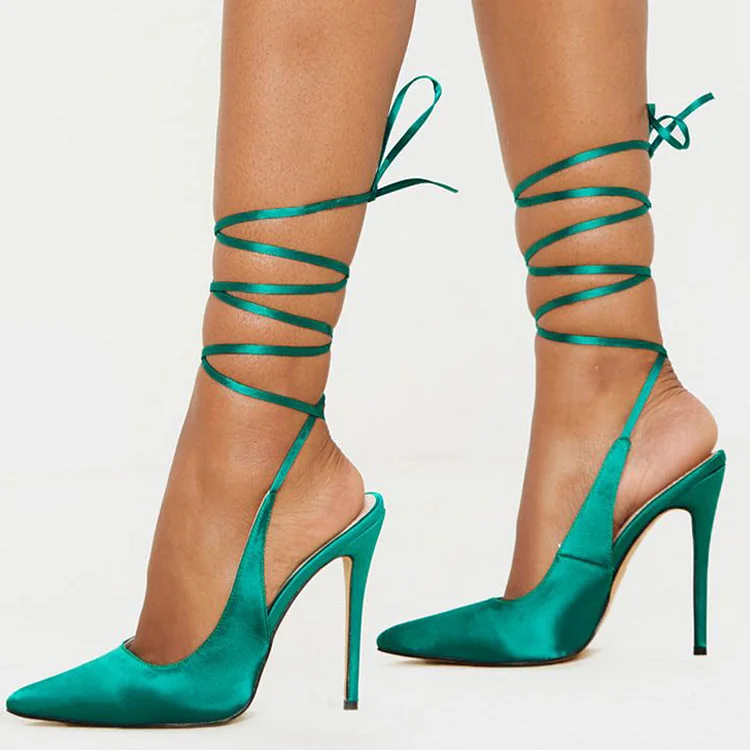 Pointed Toe Satin Pumps Stiletto Heels Wrap Shoes Slingback High Heel |FSJ Shoes