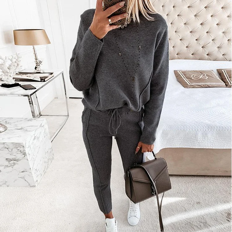 Solid Color Casual Sweatershirt And Pants Two-Piece Set