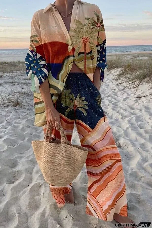 Sunset Atmosphere Palm Print Oversized Blouse and Elastic Waist Pocketed Pants Set