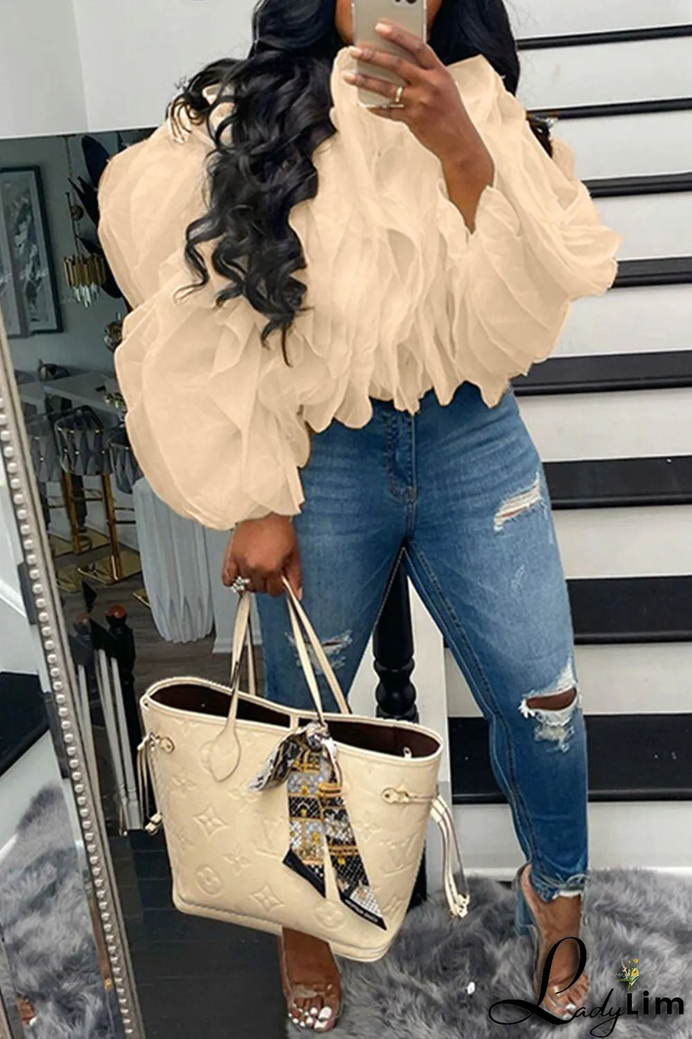 Beige Fashion Casual Solid Patchwork Flounce O Neck Tops