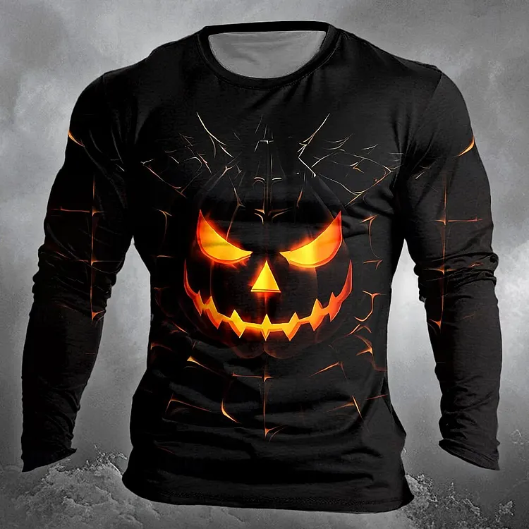 Men's Retro Halloween Pumpkin Print Casual Long-sleeve T-shirt
