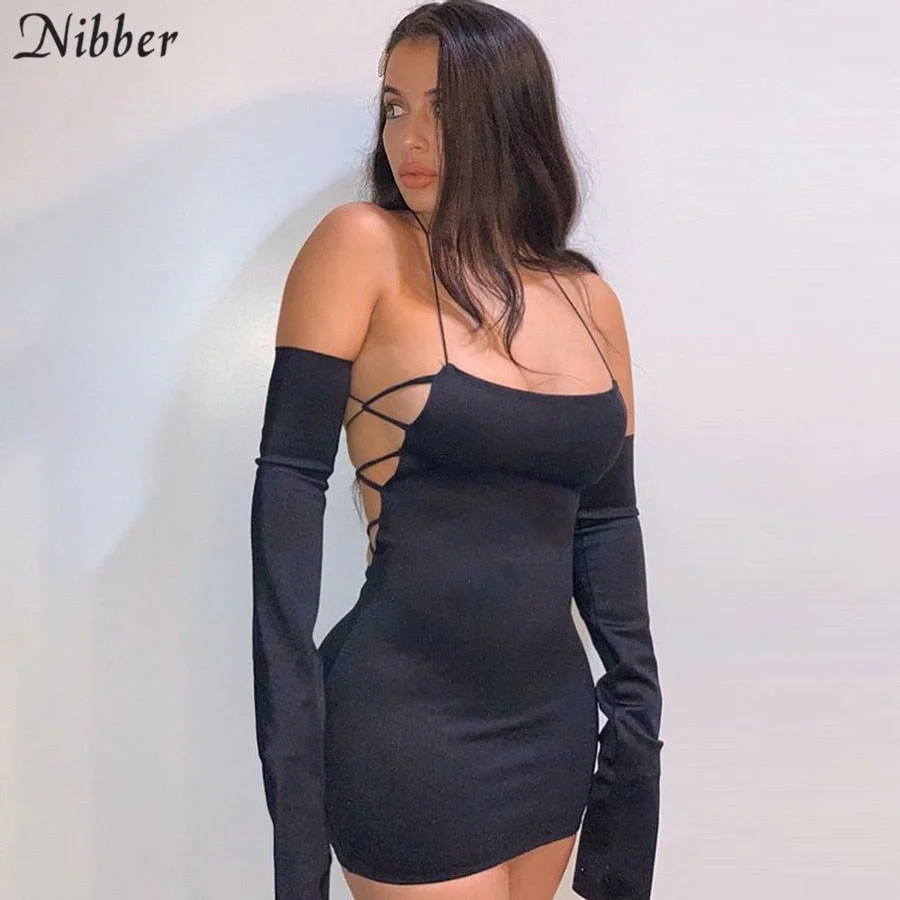 Nibber Sexy Backless Halter Mini Christmas Dress Women Bodycon Wild Lace Up Clubwear 2020 Black Stretchy High Streetwear Clothes