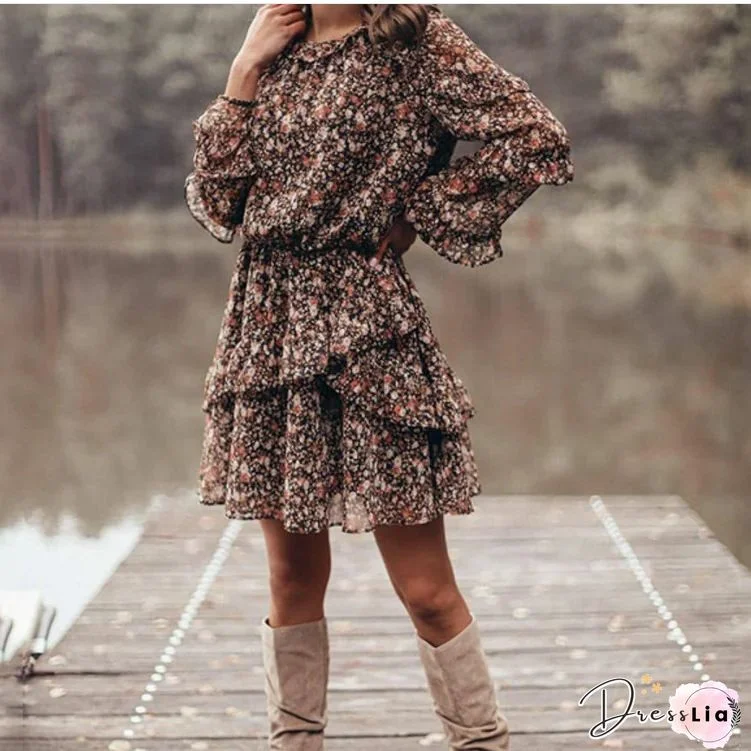 Fashion Floral Crewneck Cake Skirt Black Dresses