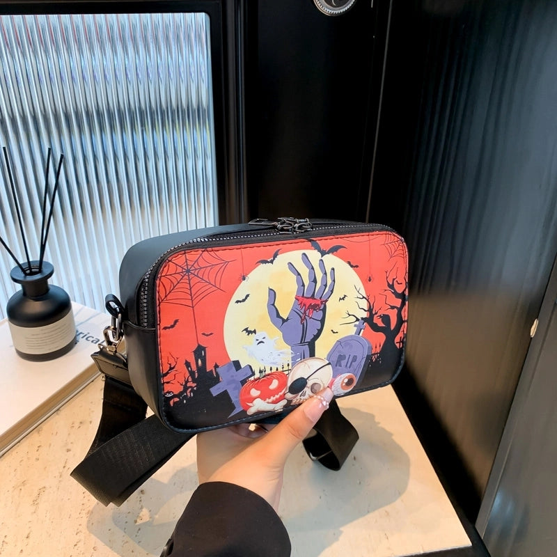 Halloween Women’s Pu Leather Pumpkin Letter Ghost Streetwear Square Zipper Shoulder Bag Crossbody Bag