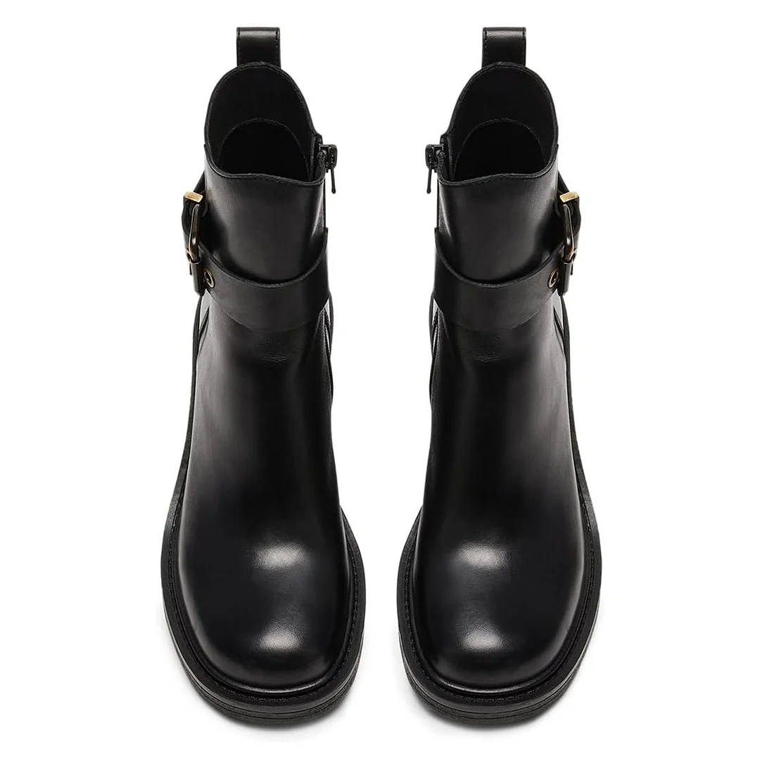 Vegan Leather Round Toe Buckle Inlay Block Heel Ankle Boots in Black