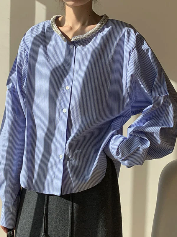 Athvotar Athvotar Spring Round Collar Single Buckle Pearl Necker Casual Striped Shirt Women Casual Ocean Sweet Top