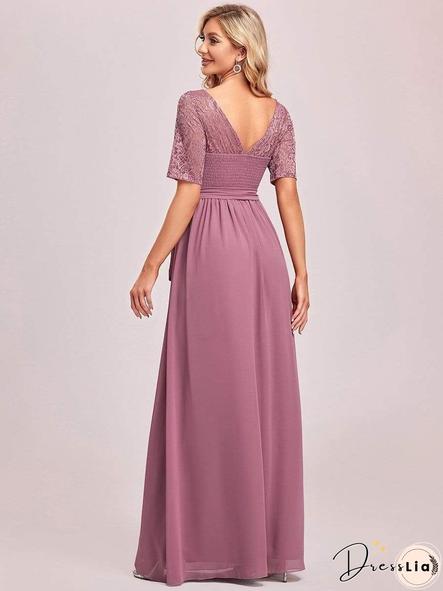 Sophisticated Lace Bodice Chiffon Maxi Evening Gown with Belt for Elegant Occasions