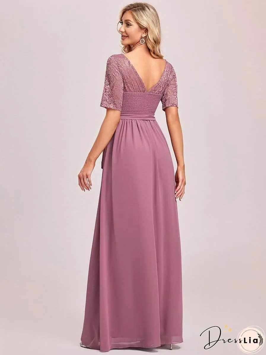 Sophisticated Lace Bodice Chiffon Maxi Evening Gown with Belt for Elegant Occasions