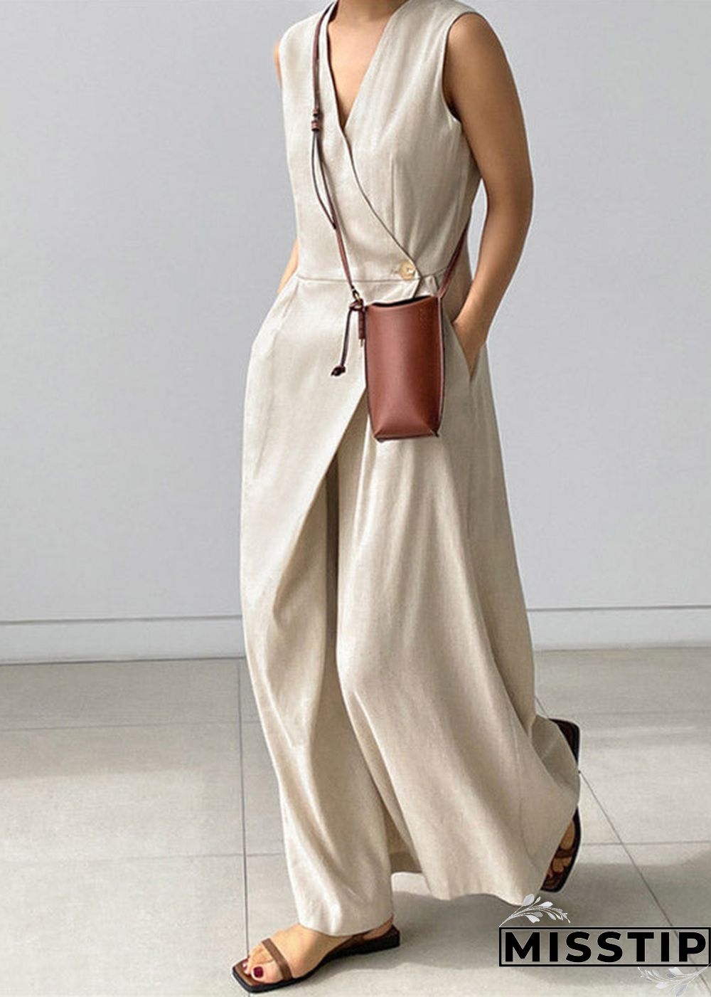 Chic Beige V Neck Button Pockets Jumpsuit Pants Summer