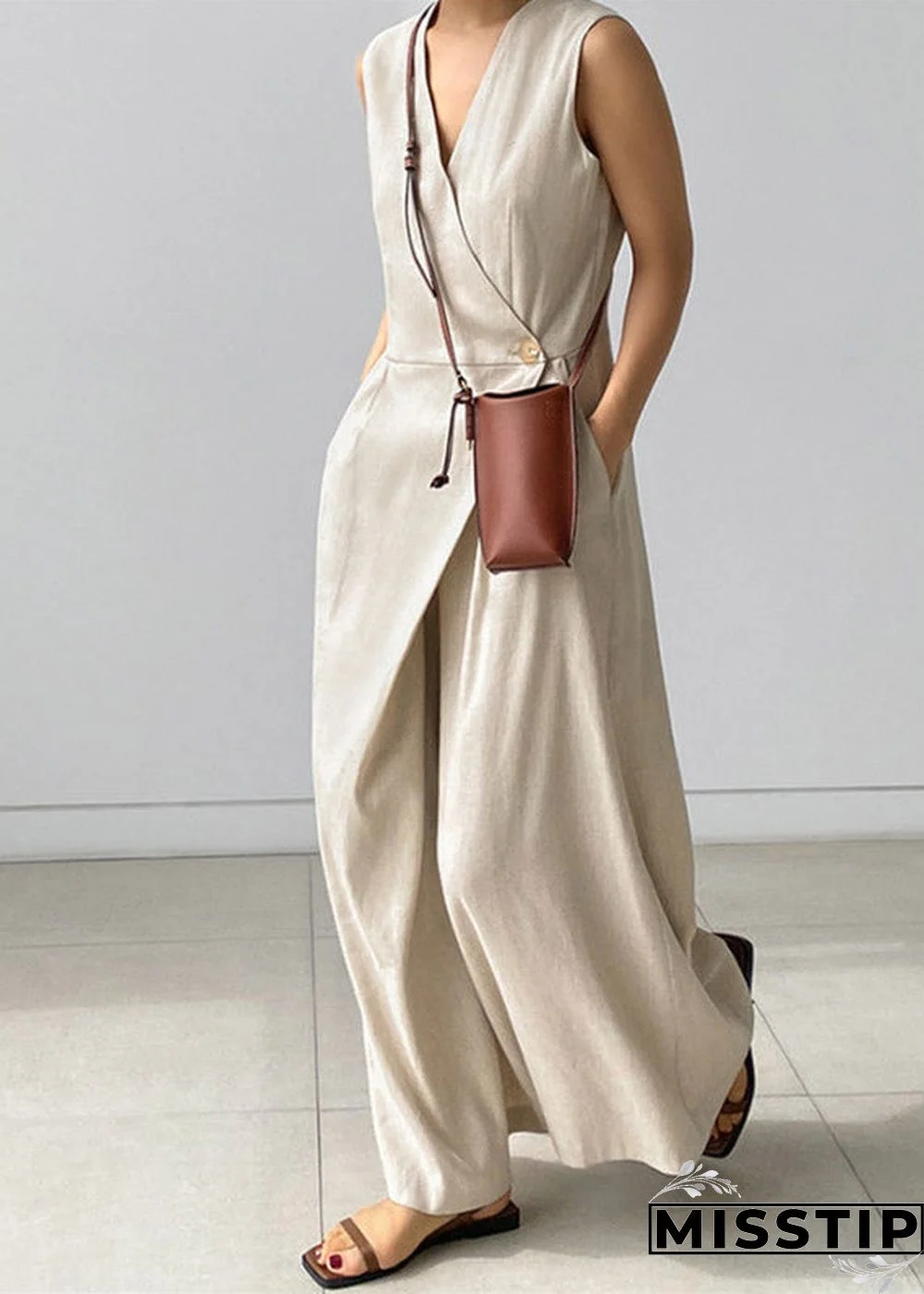 Chic Beige V Neck Button Pockets Jumpsuit Pants Summer