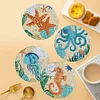 4PCS Wooden Diamond Painted Placemat Round Placemat with Holder(Marine Life)