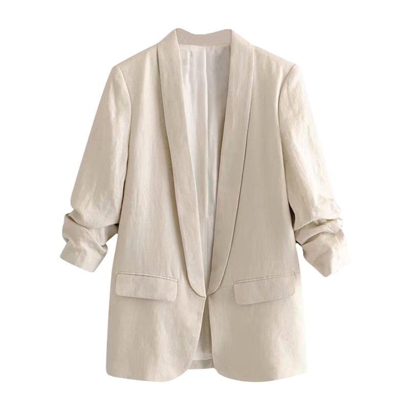 Aachoae Women Office Wear Blazer Coat 2021 Notched Collar Casual Pockets Suit Blazers Solid Pleated Sleeve Chic Outwear Tops