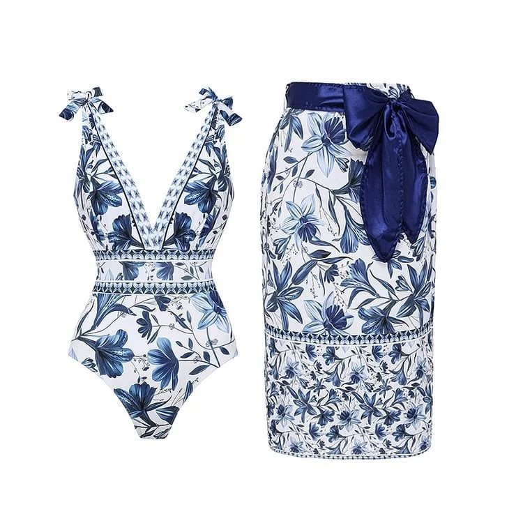 V Neck Lace Up Strip Plant Prints One Piece Swimsuit and Skirt/Sarong 