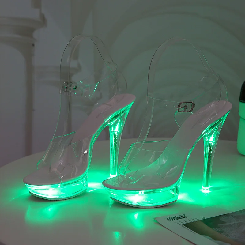 Qengg Qengg 34-43 Sexy Super High Heels Luminous Thin Heel Waterproof Platform Sandal Transparent Model Crystal Shoes Wedding Shoes