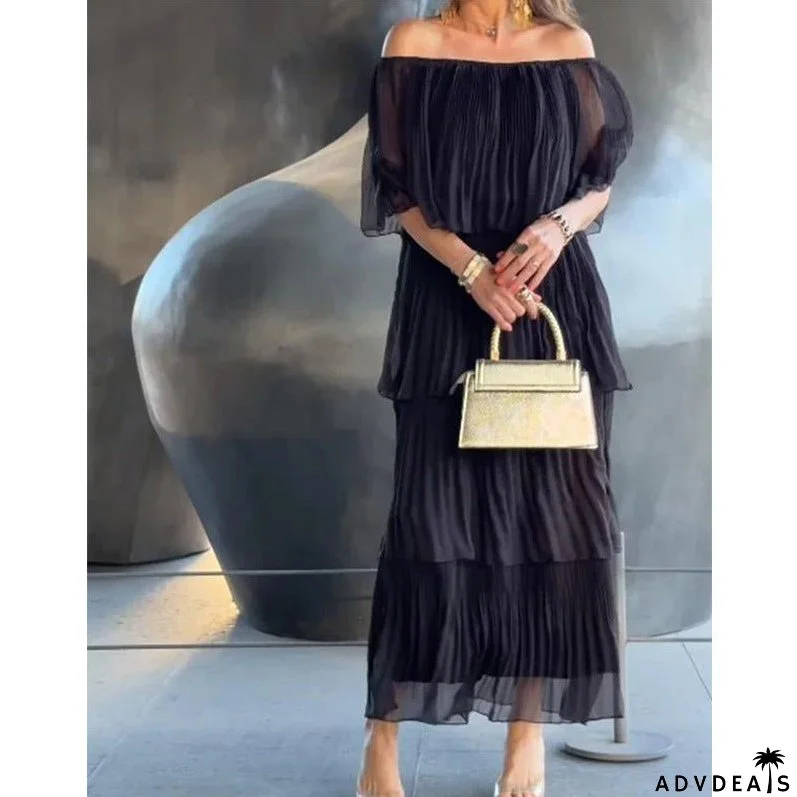 Pleated Ruffled Dress with Off-Shoulder Design for Women