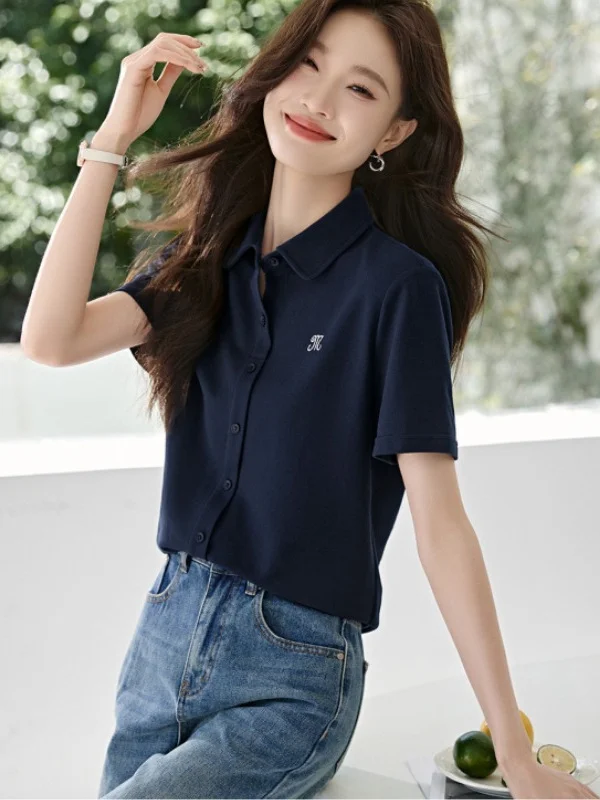 Athvotar Athvotar Embroidered Comfortable Shirt For Summer 2025 Light And Casual Polo Collar Beaded Knitted Shirt For Women