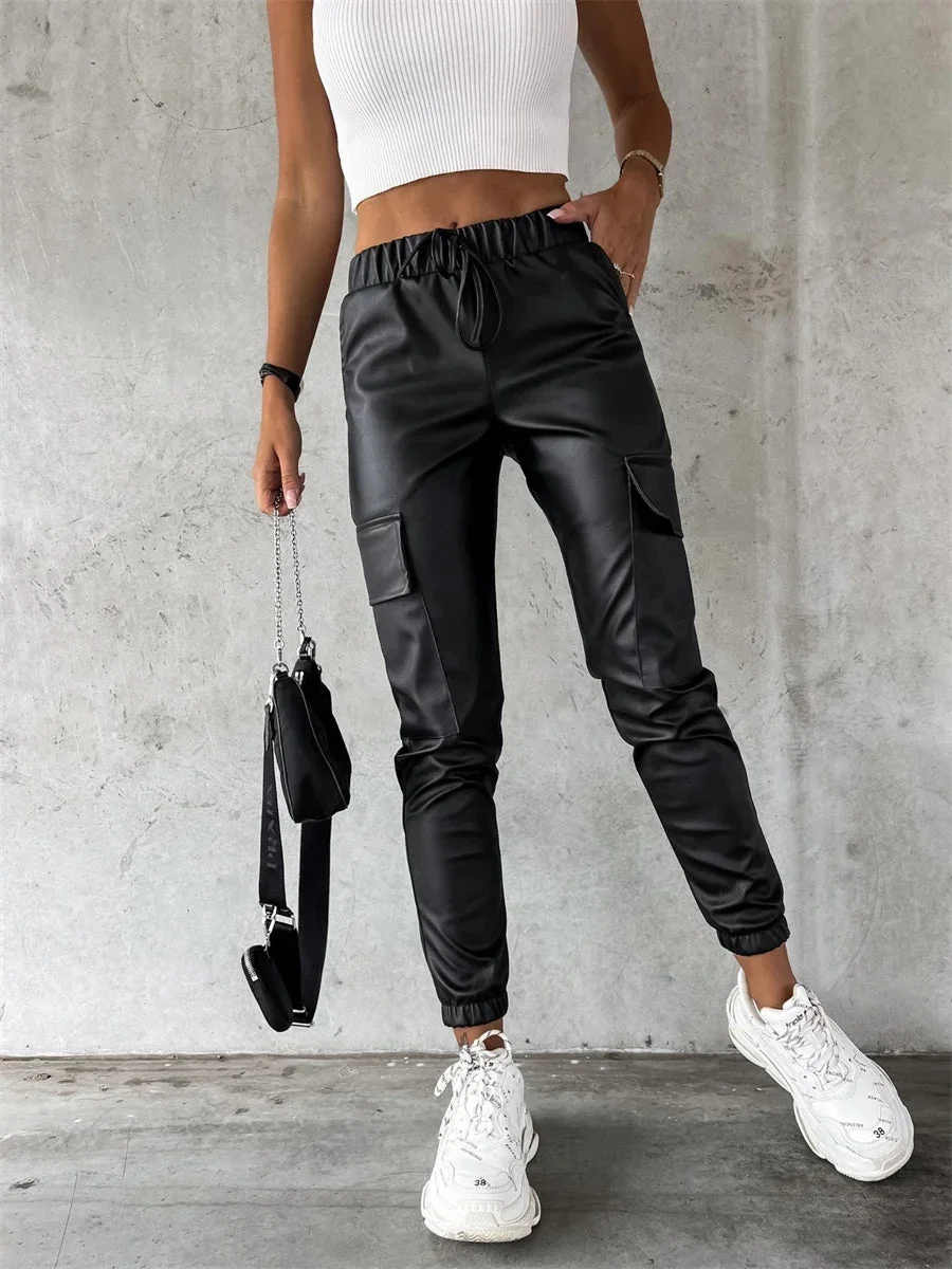 Oocharger PU Leather Casual Pencil Pants Women Autumn Winter Fashion Streetwear High Waist Drawstring Long Trousers with Pocket