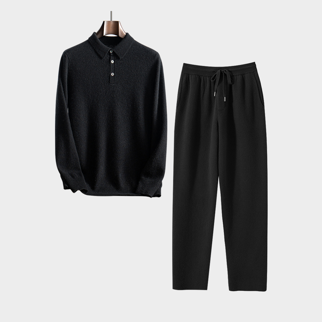Men's Black Cashmere Polo Shirt and Pants Set | Classic Casual Knitwear REAL SILK LIFE