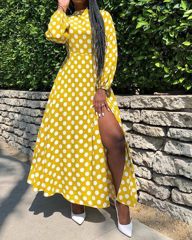 Polka Dot Puff Sleeve Split Dress