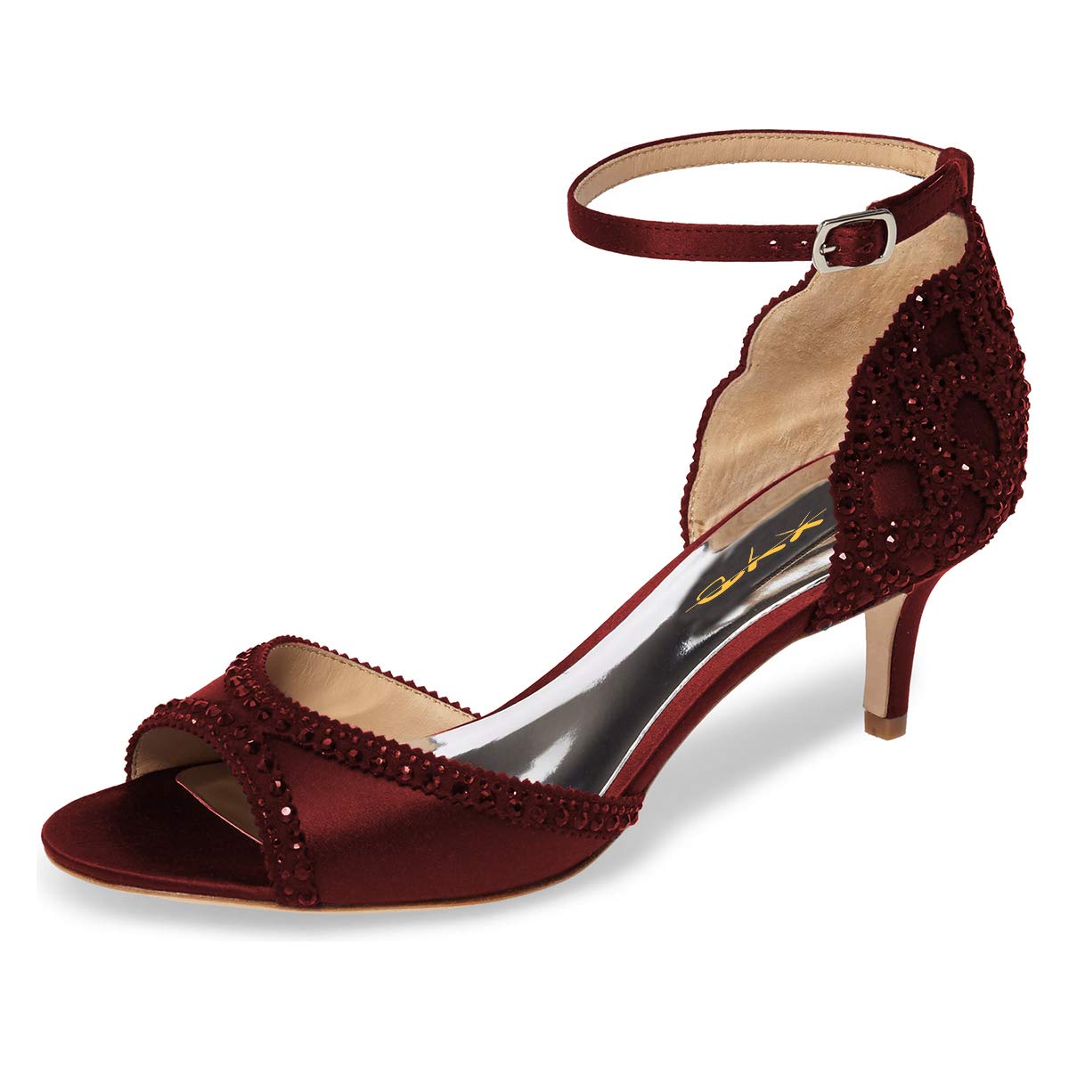 Maroon Satin Open Toe Kitten Heel Rhinestone Ankle Strap Sandals Nicepairs