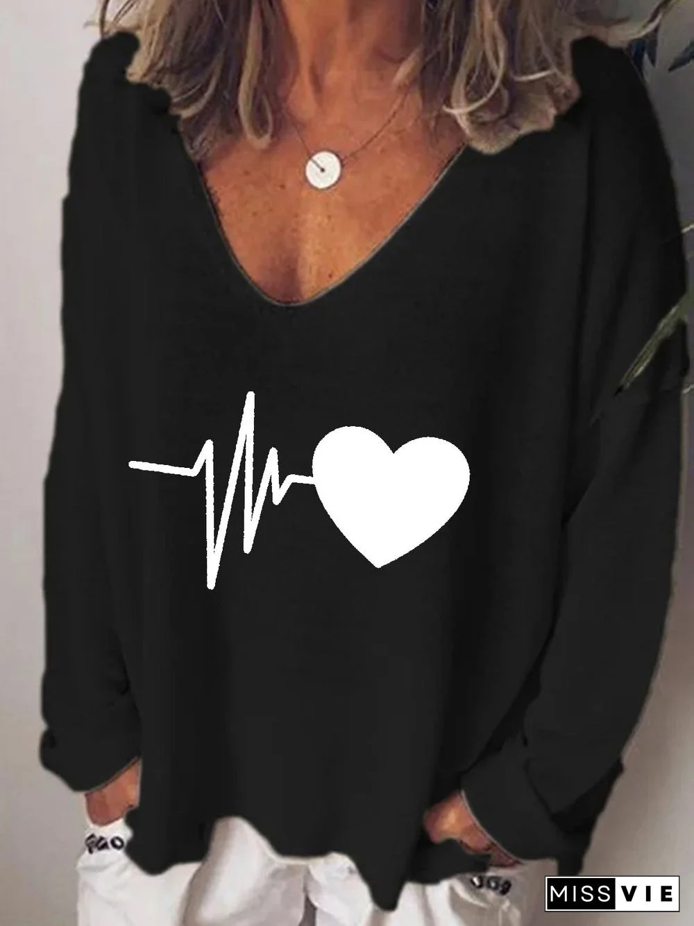 Women'S T-Shirts Heartbeat Print V-Neck Long Sleeve T-Shirt