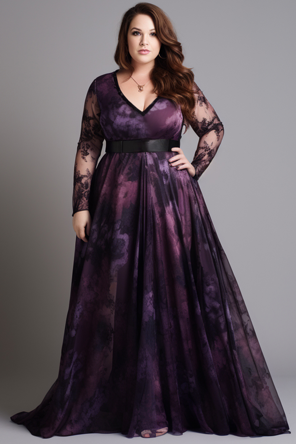 Flycurvy Plus Size Goth Dark Purple Mesh Deep V Neck Floral Print Long Sleeve Maxi Dress 2024 - Flycurvy 