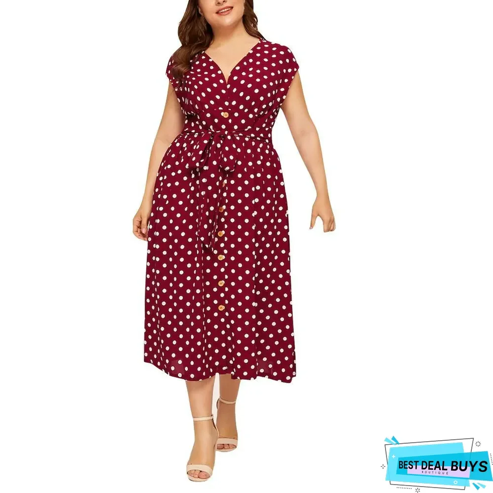 Women's Plus Size Polka Dot Dress Button Tie Waist V-Neck Skirt