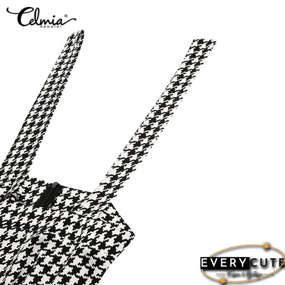 Summer Women Plaid Loose Swing Strap Skirt Dress Casual Suspender Skirt Plus Size