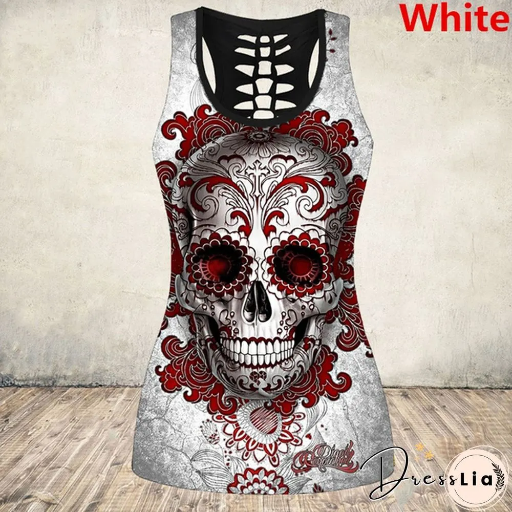 New Women's Skull Print Cut Out Back Tank Top Gothic Sleeveless Shirt Tops
