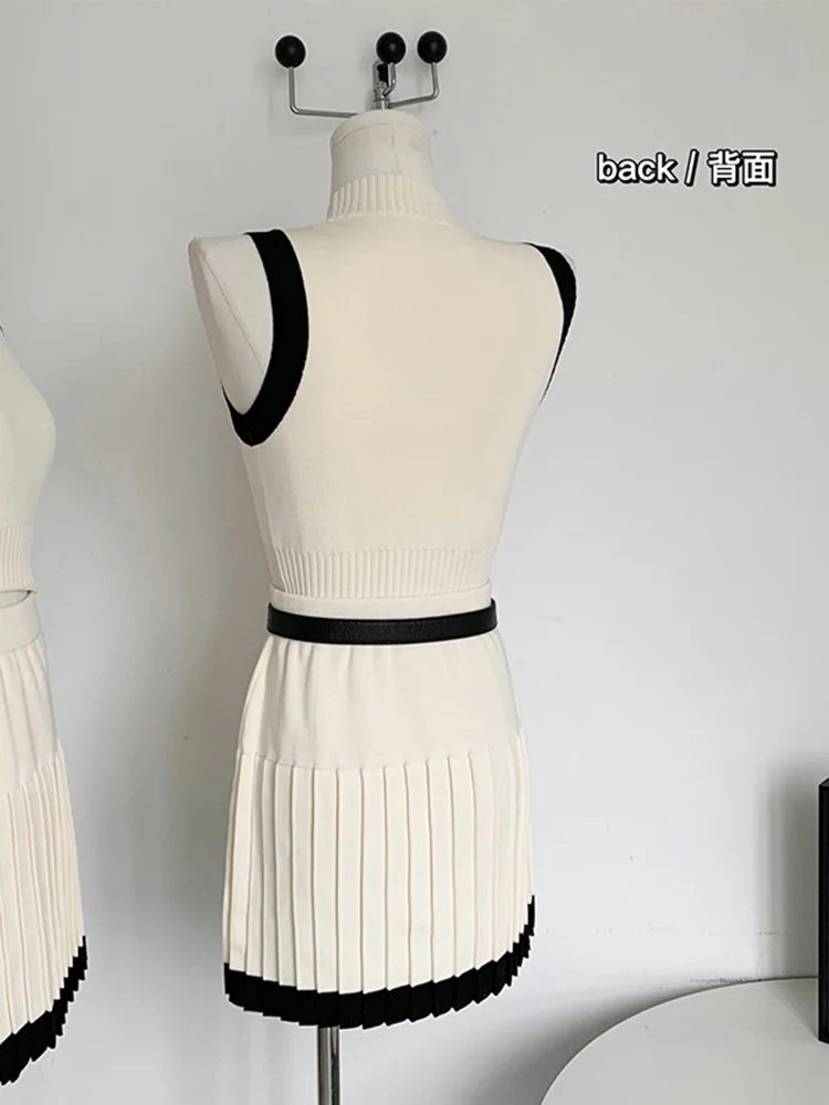 Churchf Women Vintage Old Money Knit Cute Core Rave Birthday Outfits 2 Piece Set Tank Top + Contrast Color Mini Pleated Skirt New-Outfit Ideas