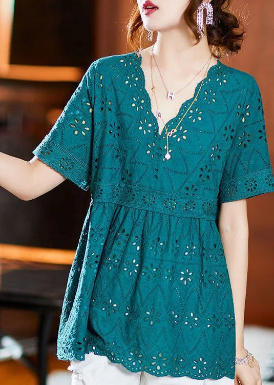 French Lake Blue Embroideried Hollow Out Cotton Blouses Summer