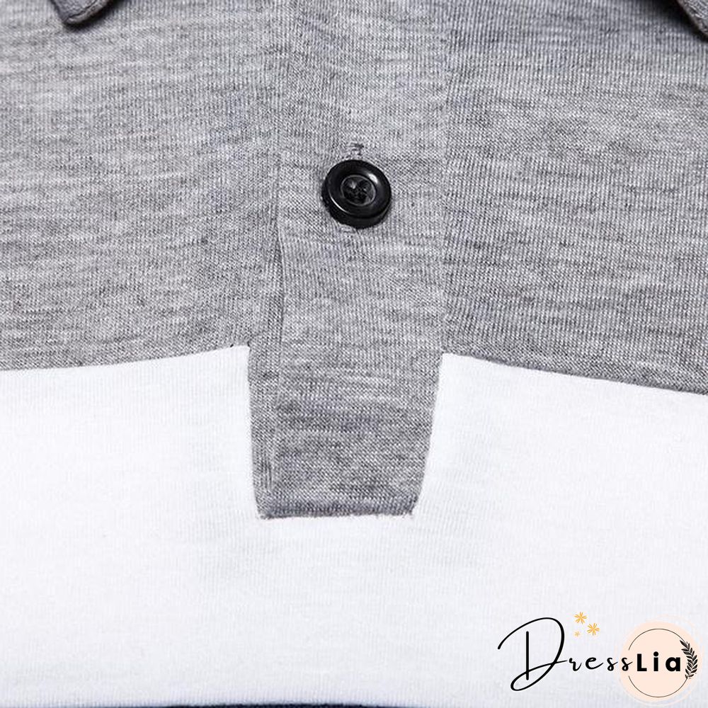 Fashion Men Lapel Long Sleeve Tri-color Striped Stitching Shirts