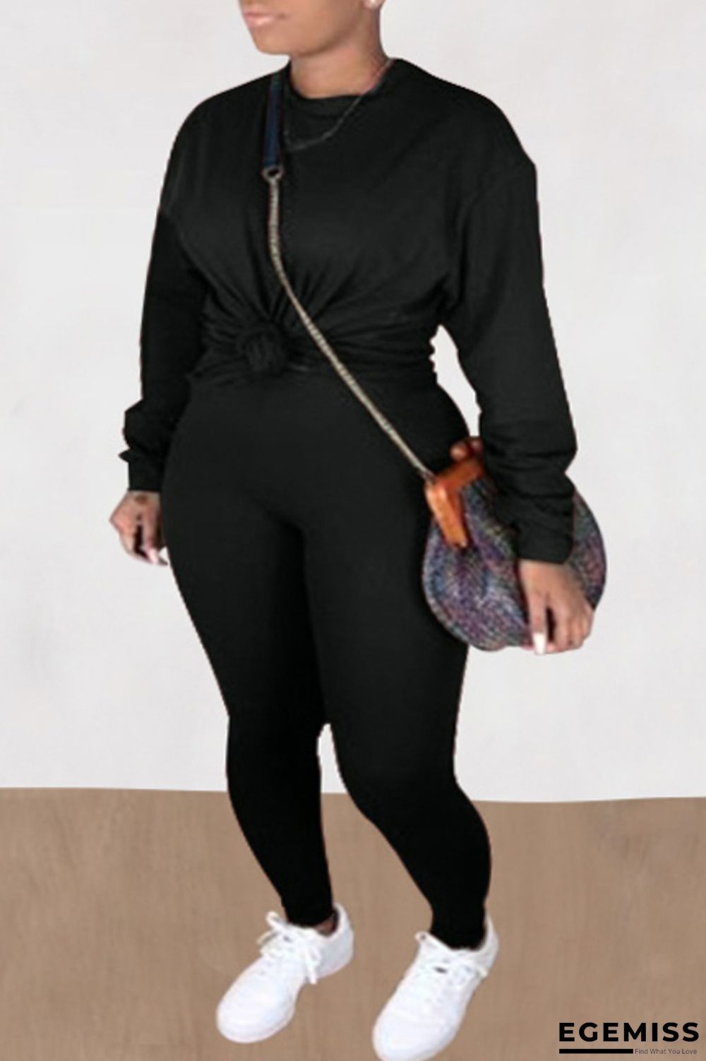 Black Casual Solid O Neck Long Sleeve Two Pieces | EGEMISS
