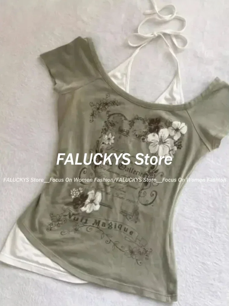 Aonga Summer Retro Purple Halter Fake Two Piece Print T-Shirt Women Y2K Streetwear Hot Girl Slim Fit Harajuku Fashion Casual Tops New aonga