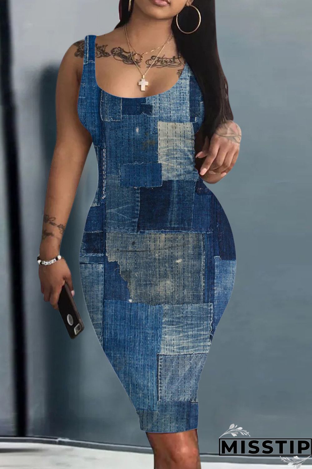 Ink Green Casual Print Basic U Neck Vest Dress Dresses