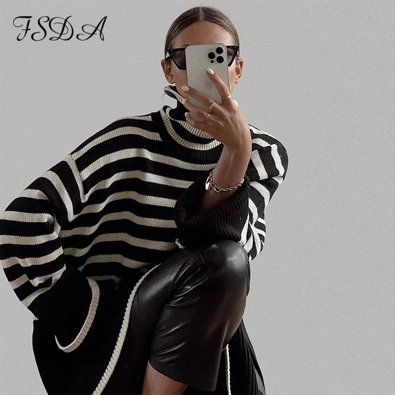 FSDA 2021 Autumn Winter Oversized Pullover Women Knitted Turtleneck Long Sleeve Striped Loose Sweater Casual Fashion Khaki