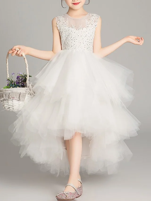 Daisda A-Line Sleeveless Jewel  Asymmetrical Flower Girl Dresses Tulle With Crystal Appliques