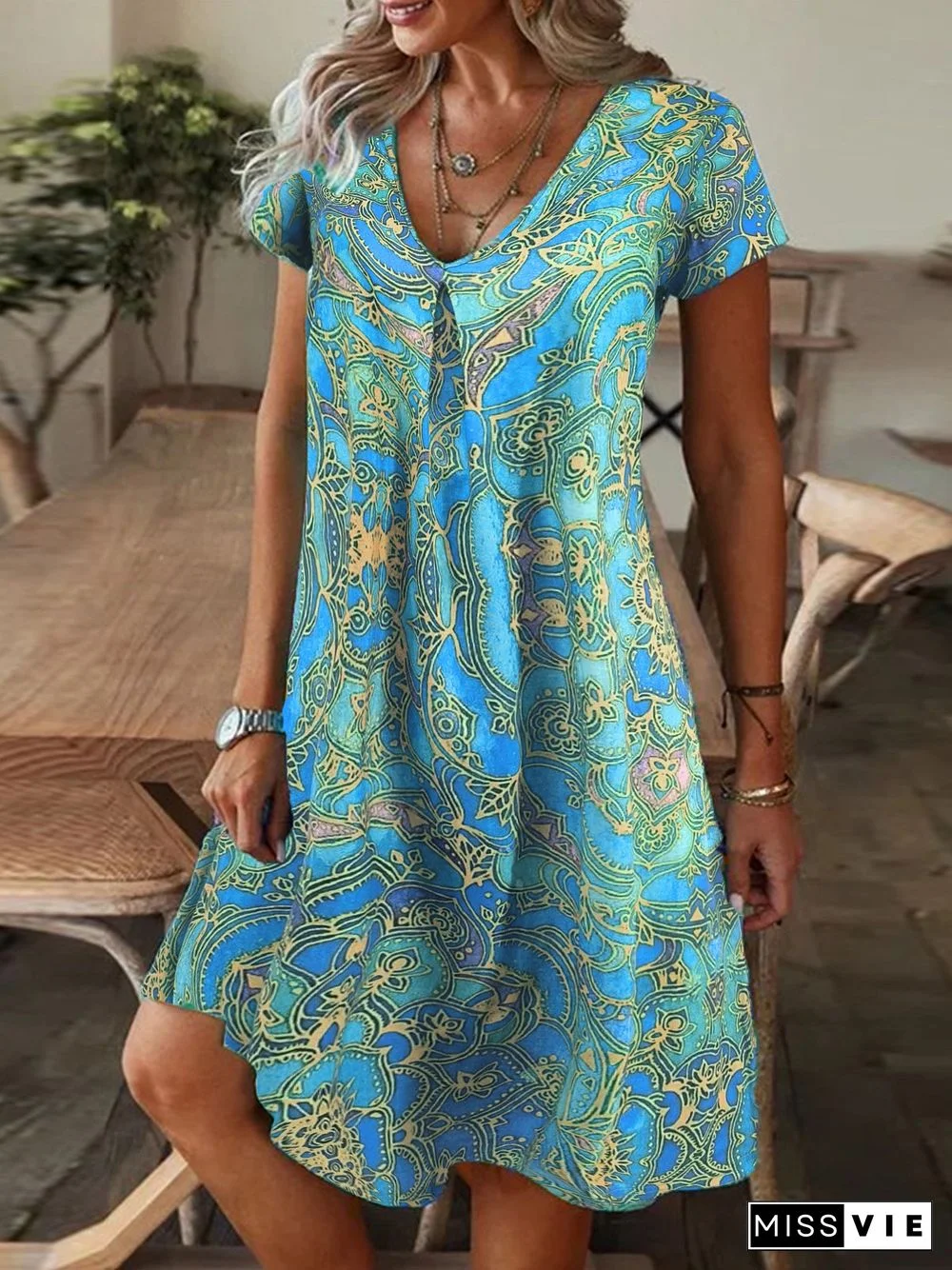 Women's Short Sleeve V Neck Floral Printed Casual Midi Dress