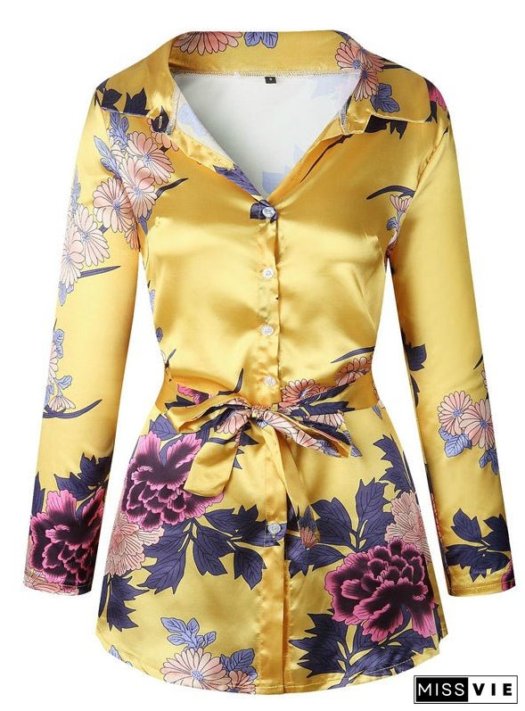 Floral Print Notched Dress Women Summer Long Sleeve Sexy Split
