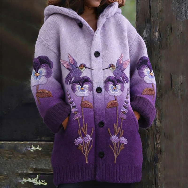Humming Birds Pansy Floral Gradient Cozy Knit Hooded Cardigan wearshes