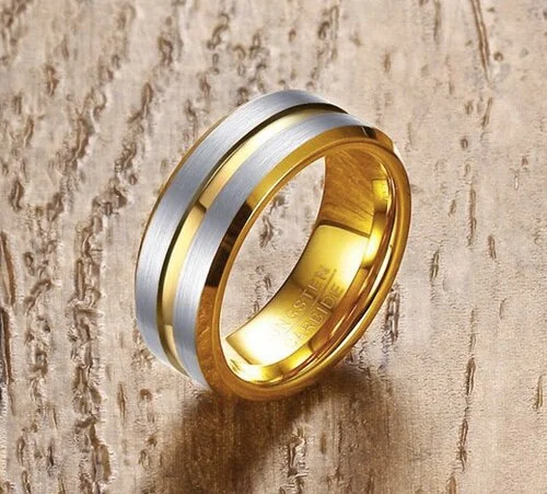 6MM 8MM Women's Or Men's Tungsten Carbide Wedding Matching Rings Matte Finish Gray / Silver Top with Yellow Gold Groove and Inside Beveled Edge