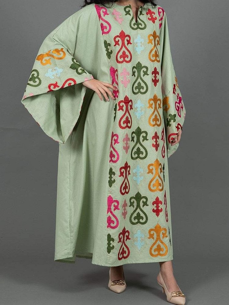 Vintage Embroidered V Neck Women's Long Sleeved Kaftan