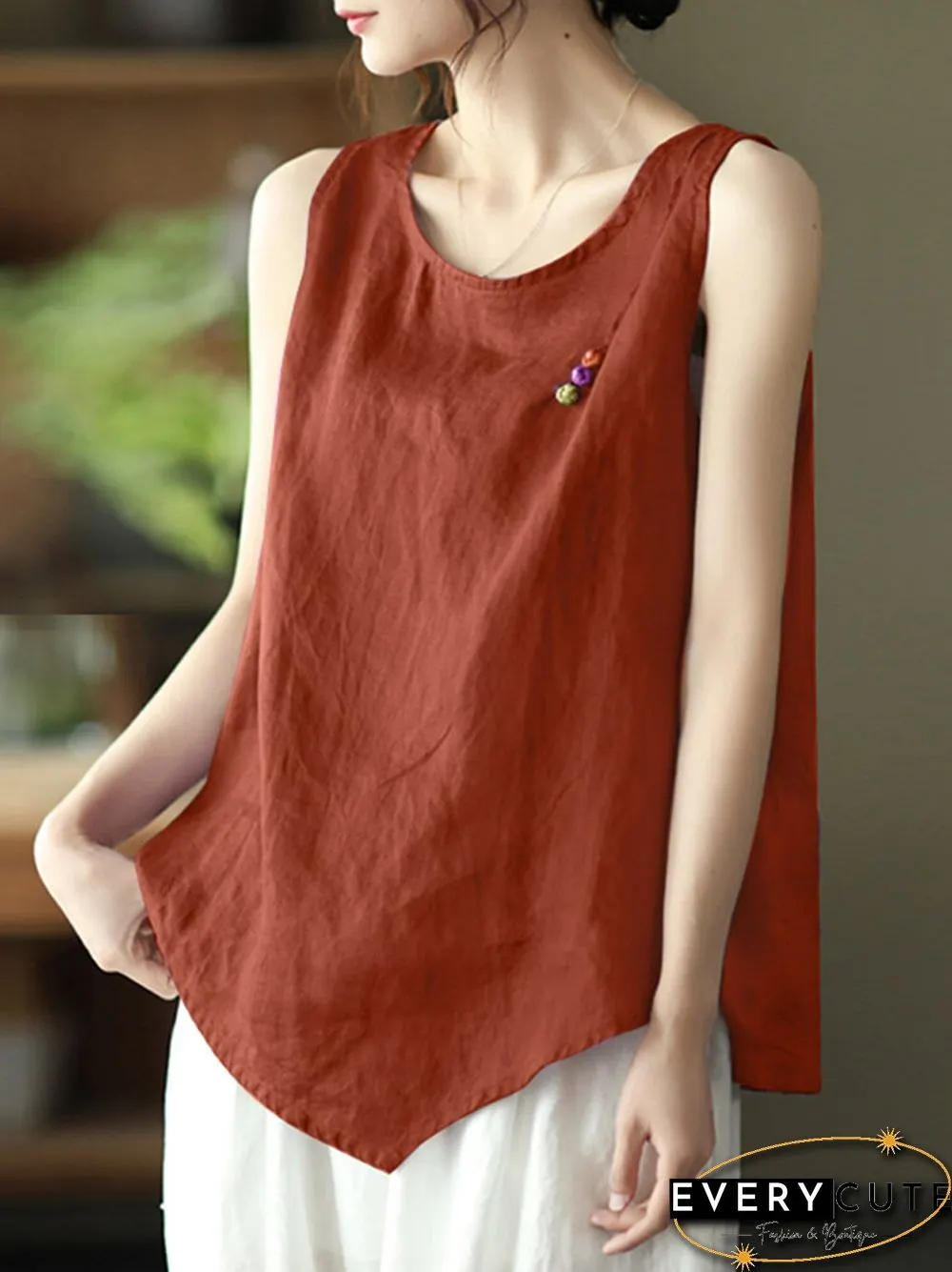 Solid Frog Sleeveless O-neck Women Vintage Tank Top