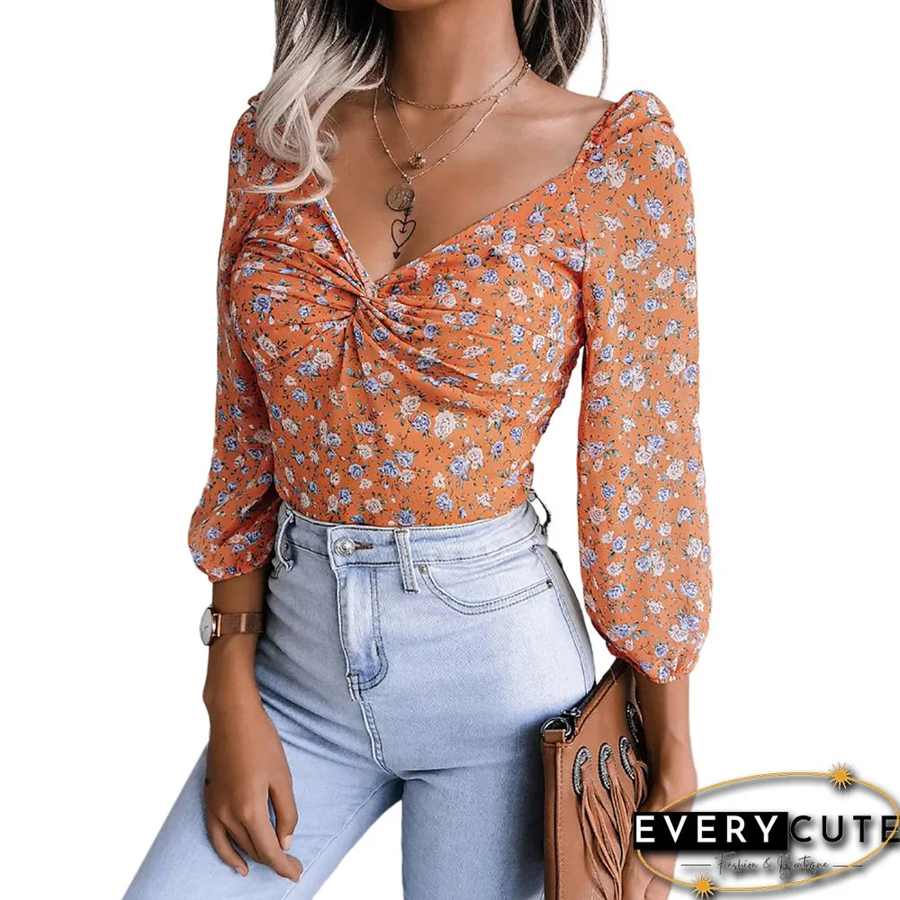 Orange Floral Print Twist Knot Chiffon Blouse