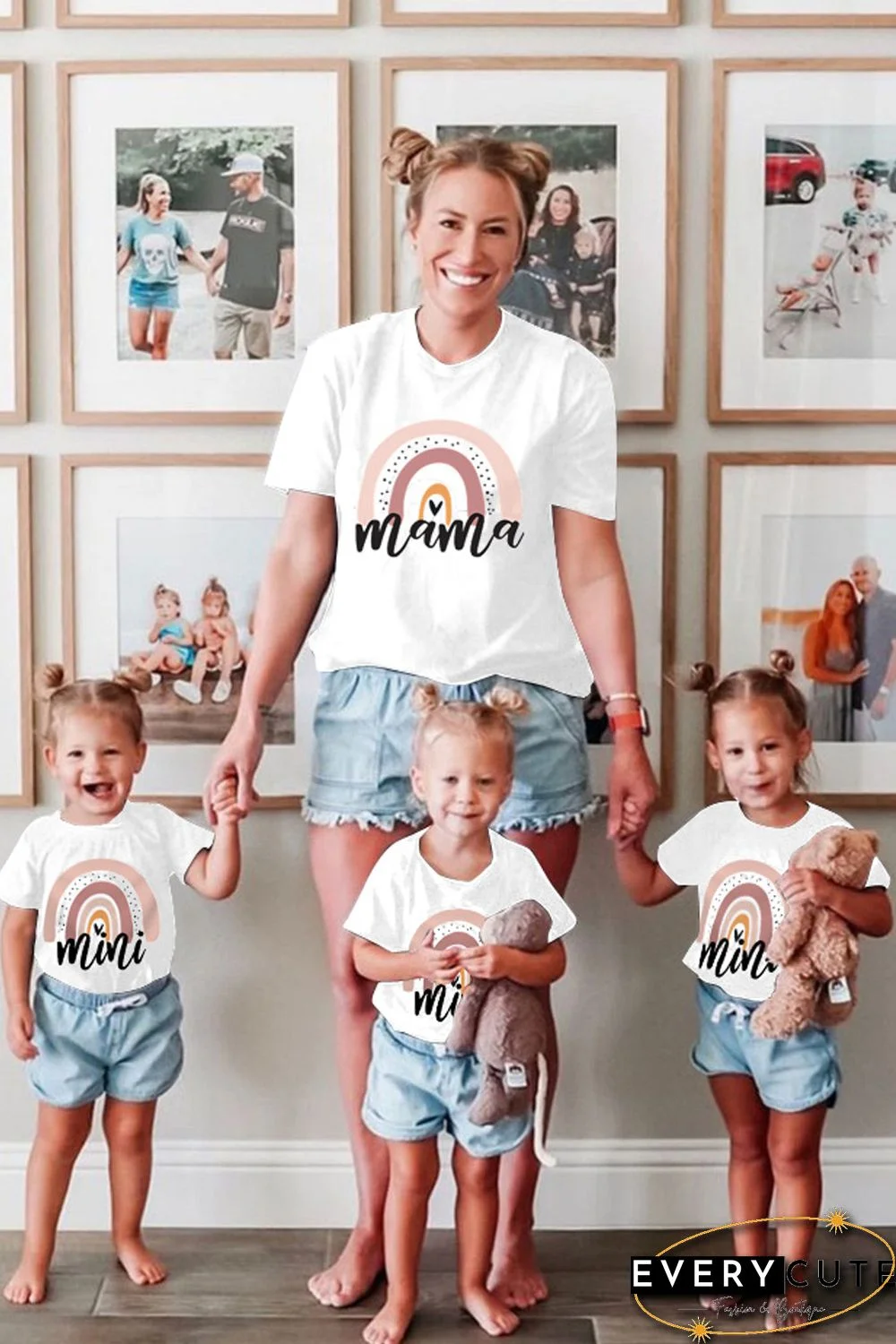 White Rainbow mama Print Parent-child T-shirt 1pc