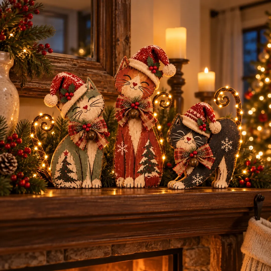 Vintage lighted Christmas cat trio detail