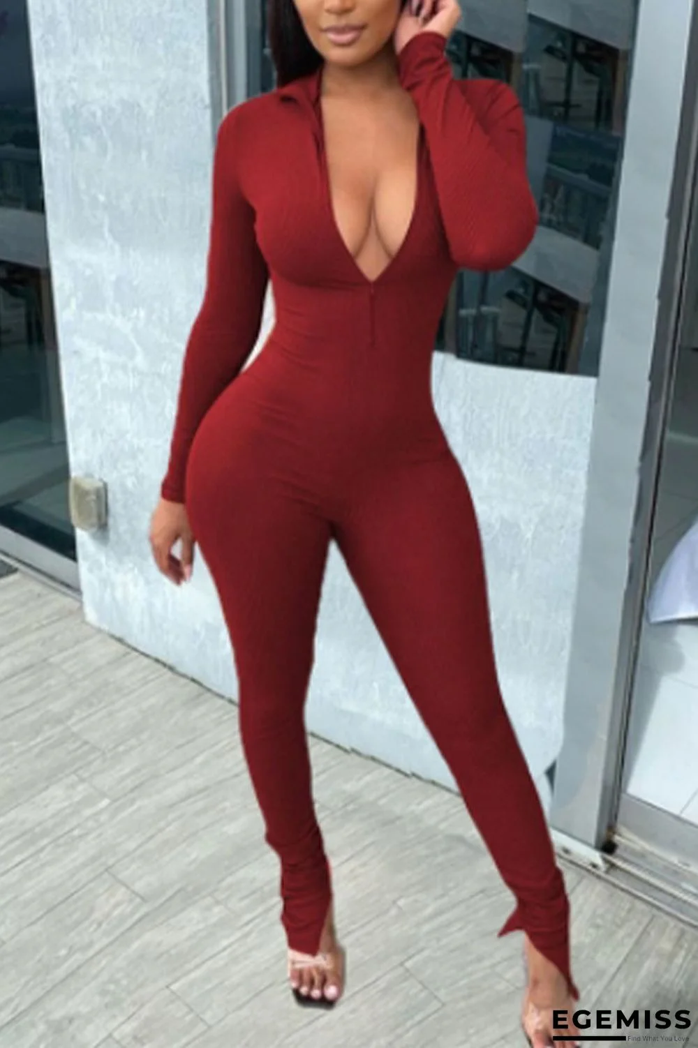 Wine Red Casual Solid V Neck Skinny Jumpsuits | EGEMISS