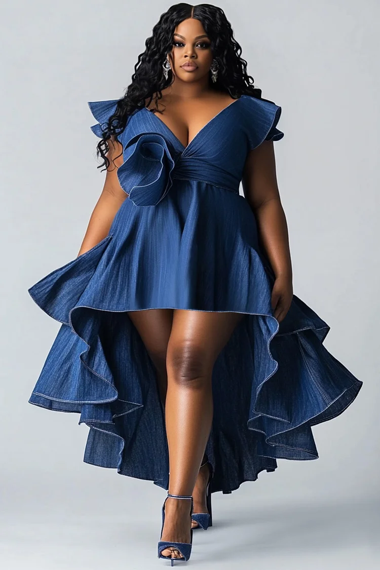 Xpluswear Design Plus Size Party Blue Casual V Neck Flutter Sleeve High Low Hem 3D Tencel Denim Mini Dresses [Pre-Order]