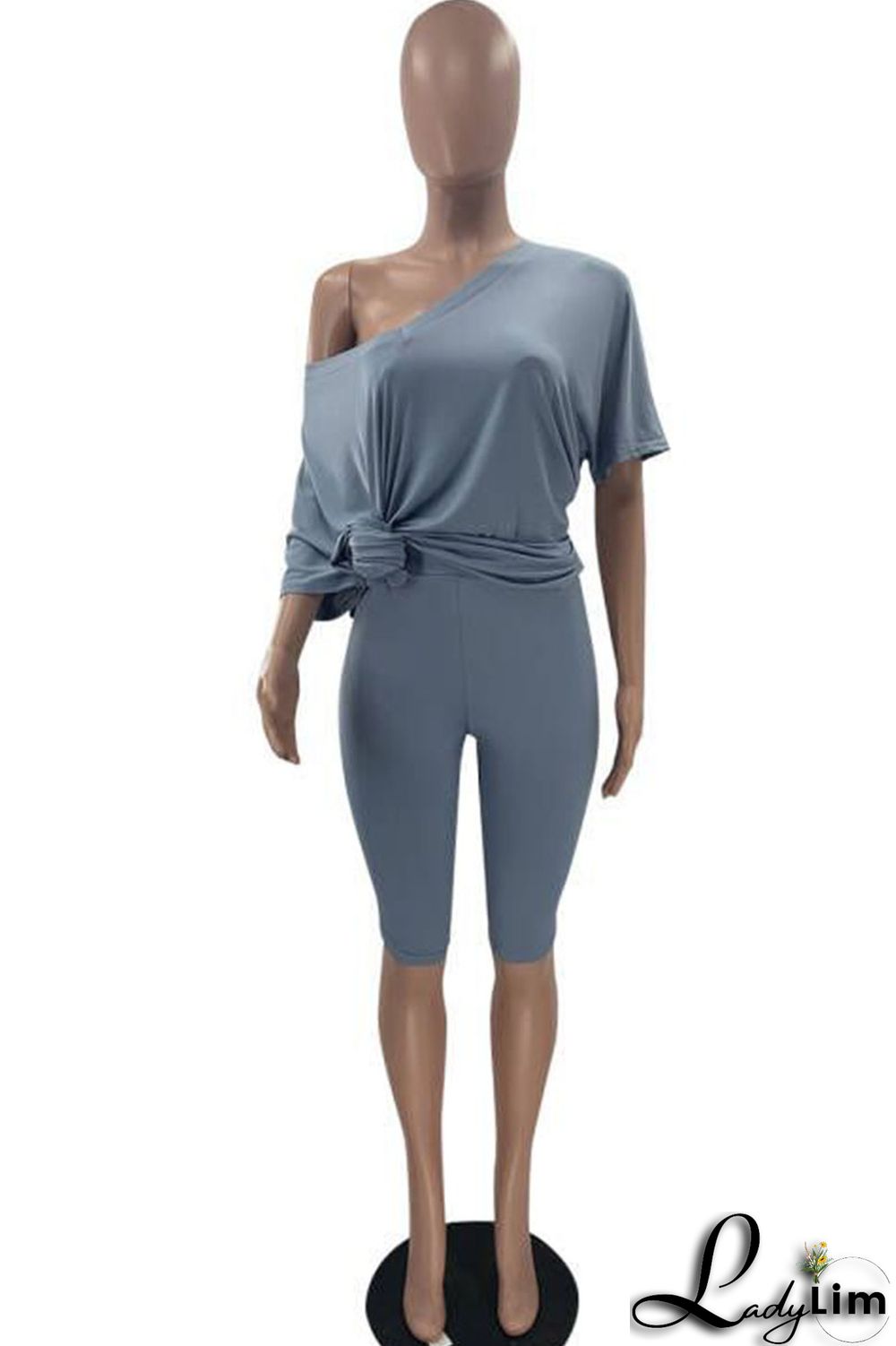 Grey Casual Solid Split Joint V Neck Short Sleeve Two Pieces